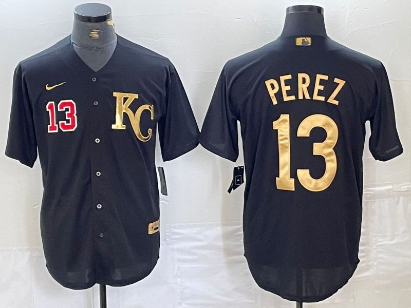 Men Kansas City Royals 13 Perez Black gold 4 th generation Nike 2024 MLB Jersey style 2